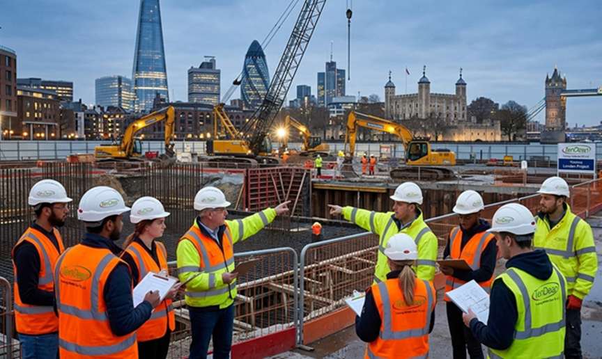 Illustrative image of a London construction site and site team