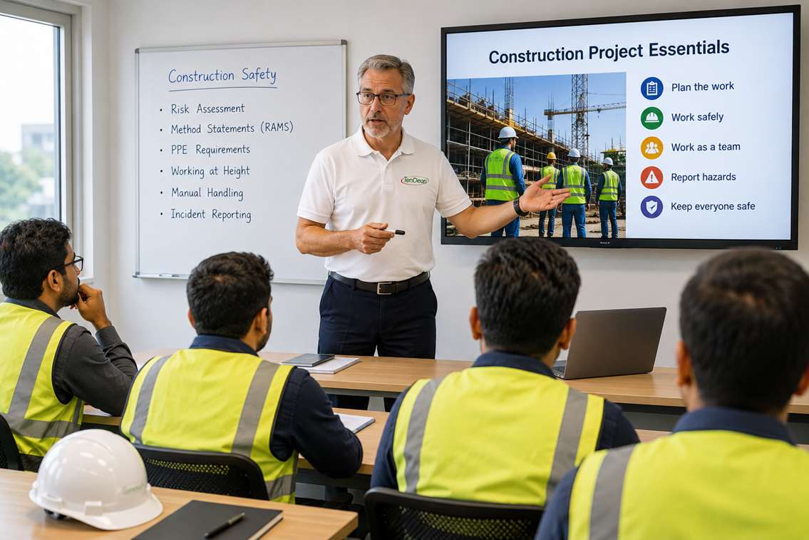 TenDean trainer delivering a construction safety briefing to engineering personnel